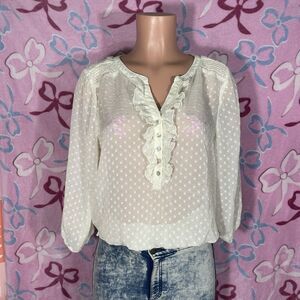 Blue Rainn Ivory Cream Ruffle Coquette Elegance Polka Dot Sheer Blouse Medium